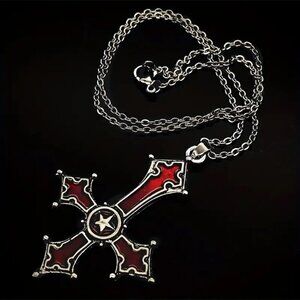 Crimson Upside Down Inverted Cross Pendant Necklace